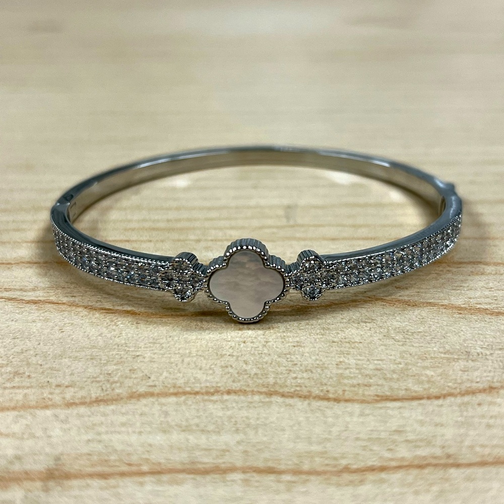 Silver Crystal Pearl Clover Bangle Bracelet